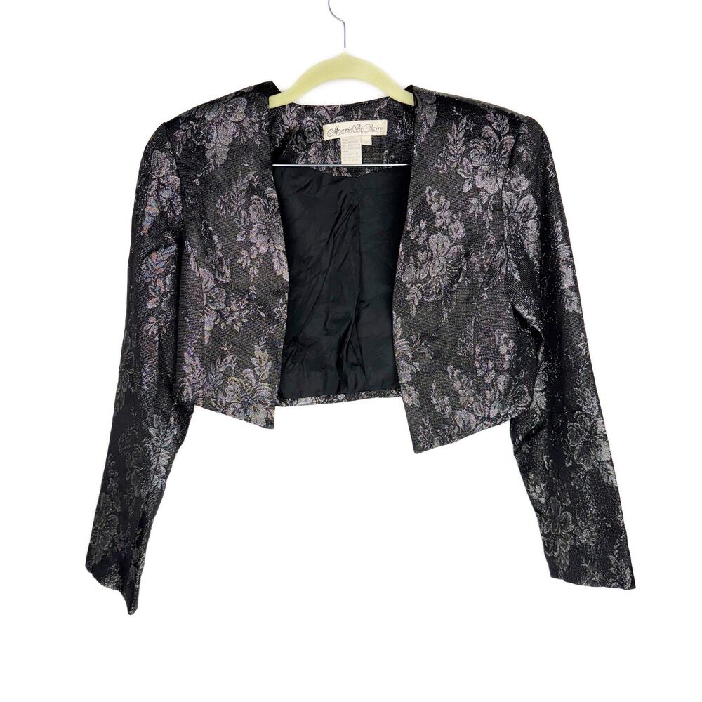 Vintage Marie St. Claire Silver Metallic Floral Shoulder Pad Cropped Blazer Sz 6